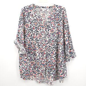 Panama Jack floral linen-blend button up top Size 3X roll tab sleeve navy red